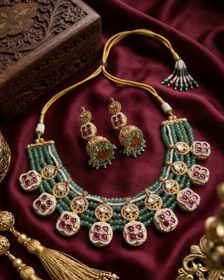 Traditional polki & green beaded choker necklace set with jhumka earrings | gold-plated ethnic bridal jewelry 1