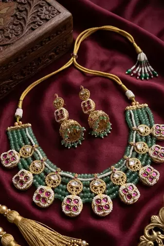 Traditional polki & green beaded choker necklace set with jhumka earrings | gold-plated ethnic bridal jewelry