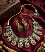 Traditional polki & green beaded choker necklace set with jhumka earrings | gold-plated ethnic bridal jewelry