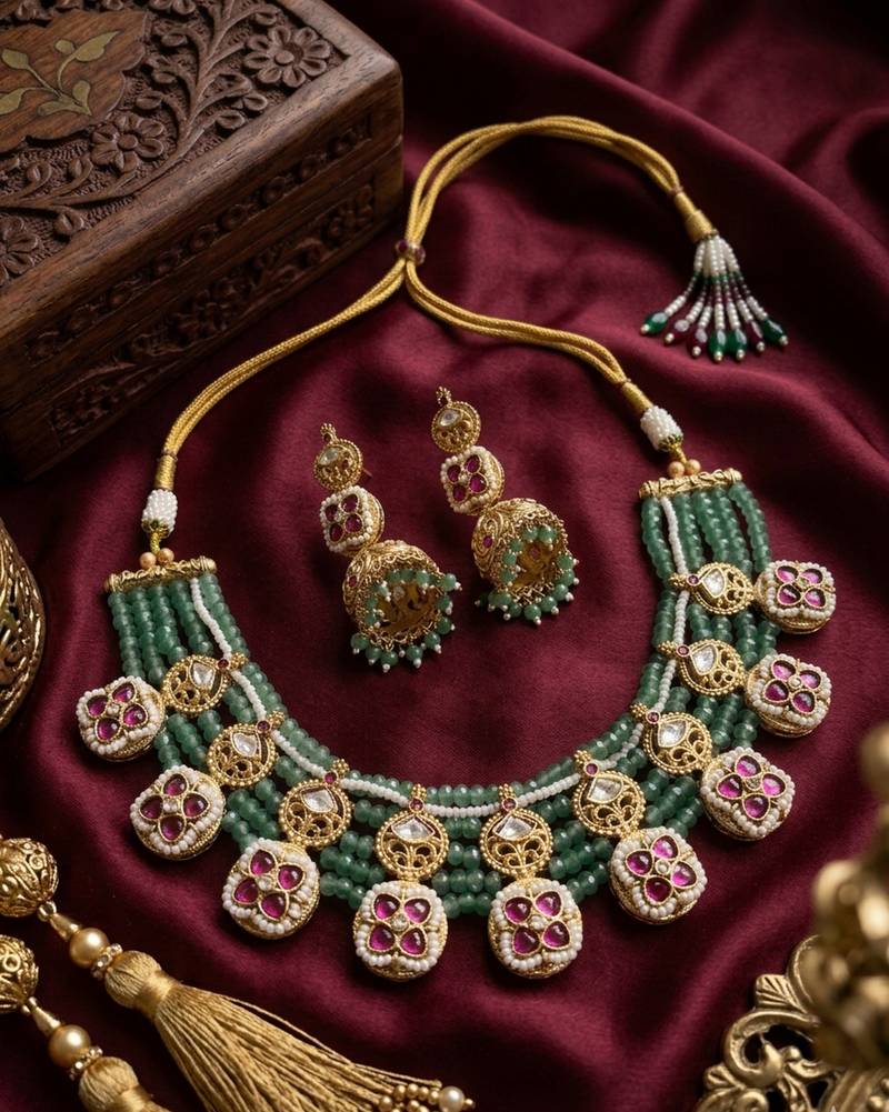 Traditional polki & green beaded choker necklace set with jhumka earrings | gold-plated ethnic bridal jewelry