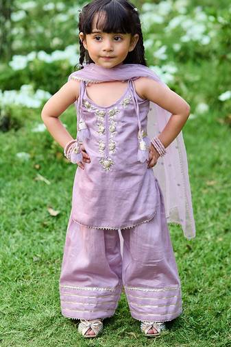 Pastel lilac embroidered cotton kurti set