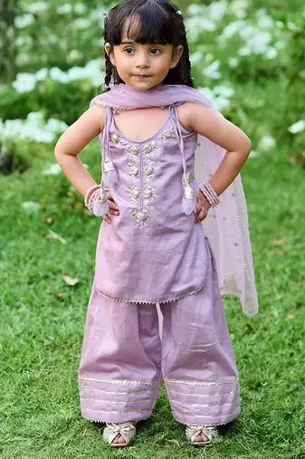 Pastel lilac embroidered cotton kurti set