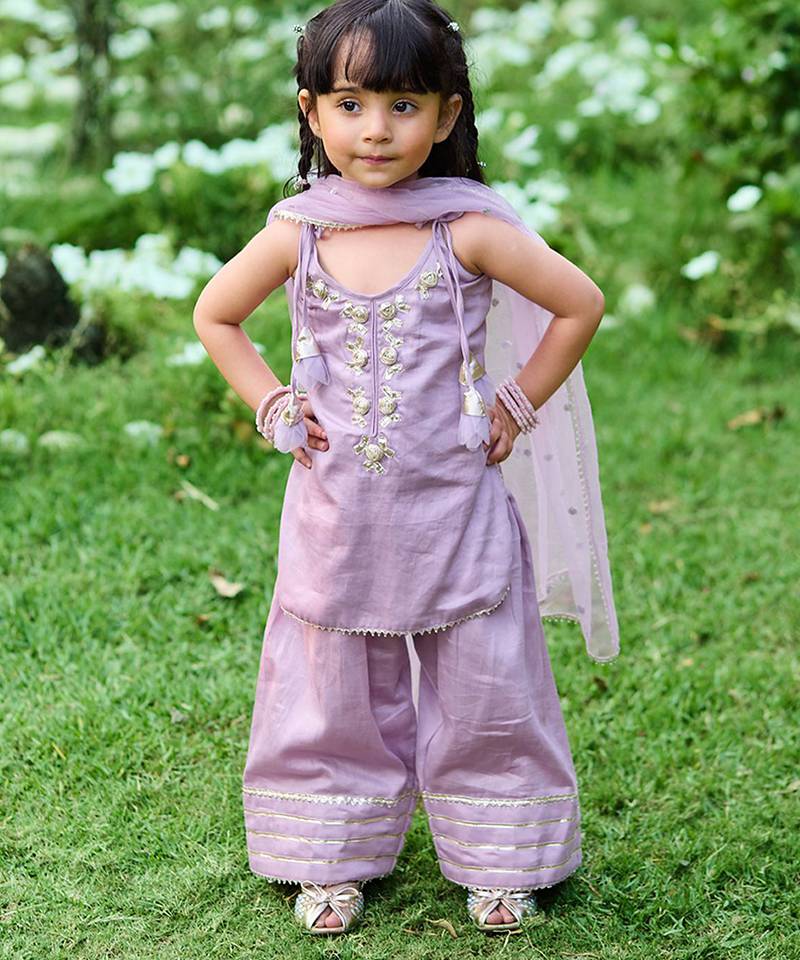 Pastel lilac embroidered cotton kurti set