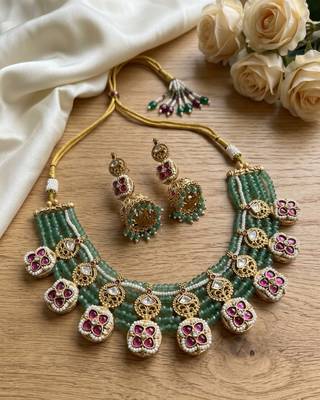 Traditional polki & green beaded choker necklace set with jhumka earrings | gold-plated ethnic bridal jewelry 2