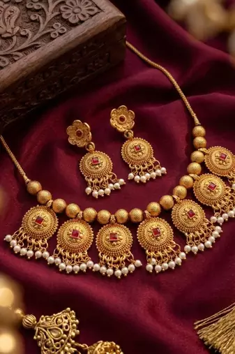 Handcrafted antique gold-plated ethnic necklace set & pearl drops | traditional indian jewelry