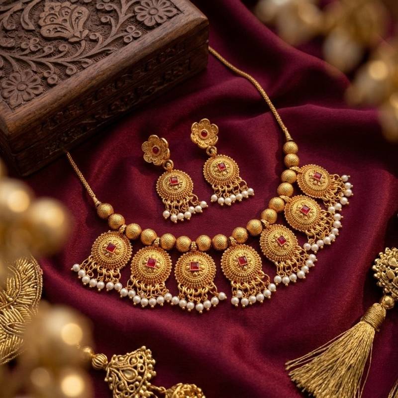 Handcrafted antique gold-plated ethnic necklace set & pearl drops | traditional indian jewelry