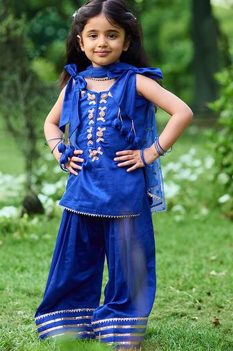 Royal blue embroidered cotton kurti set