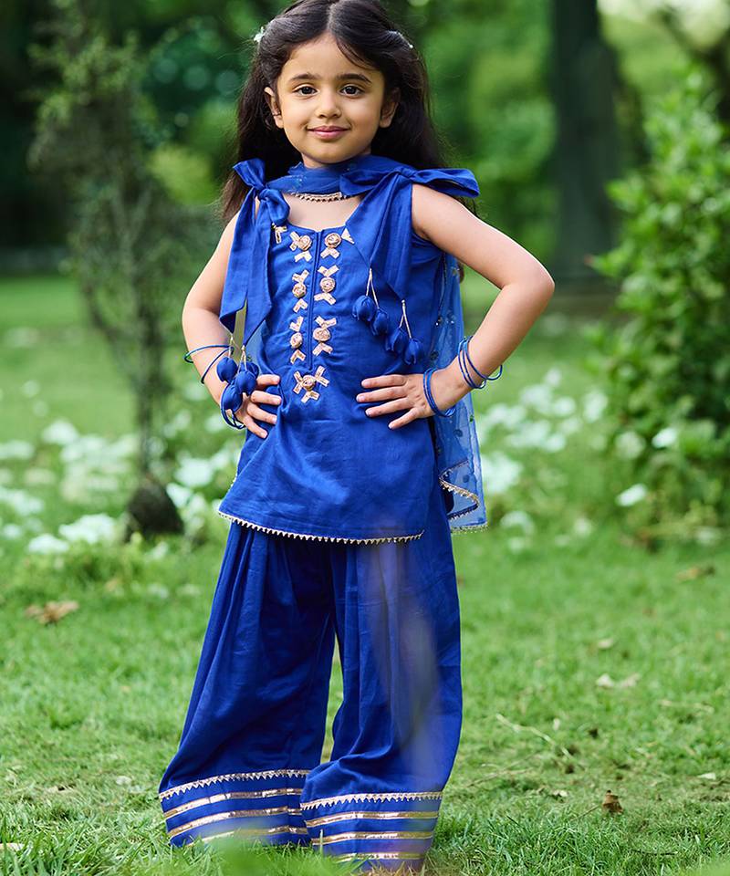 Royal blue embroidered cotton kurti set