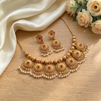 Handcrafted antique gold-plated ethnic necklace set & pearl drops | traditional indian jewelry 2