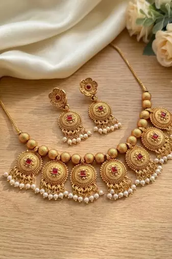 Handcrafted antique gold-plated ethnic necklace set & pearl drops | traditional indian jewelry