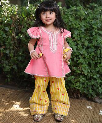 Coral pink embroidered cotton kurti set 1
