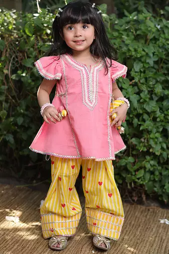 Coral pink embroidered cotton kurti set