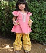 Coral pink embroidered cotton kurti set