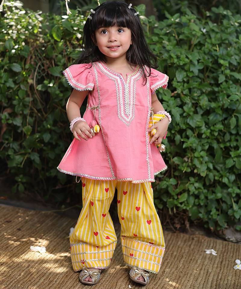 Coral pink embroidered cotton kurti set
