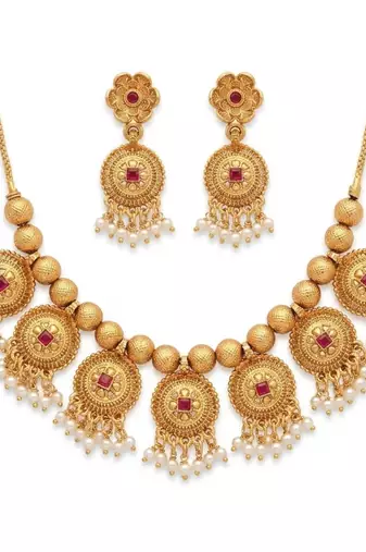 Handcrafted antique gold-plated ethnic necklace set & pearl drops | traditional indian jewelry