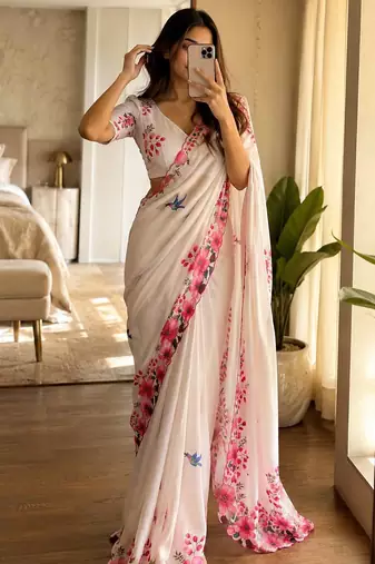 White soft chinon silk blend floral print ready to wear saree