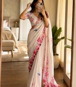 White soft chinon silk blend floral print ready to wear saree