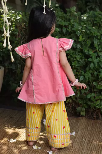 Coral pink embroidered cotton kurti set