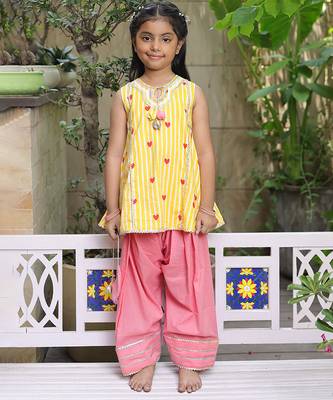 Sunshine yellow printed cotton kurti set 1
