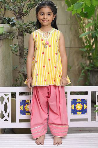 Sunshine yellow printed cotton kurti set