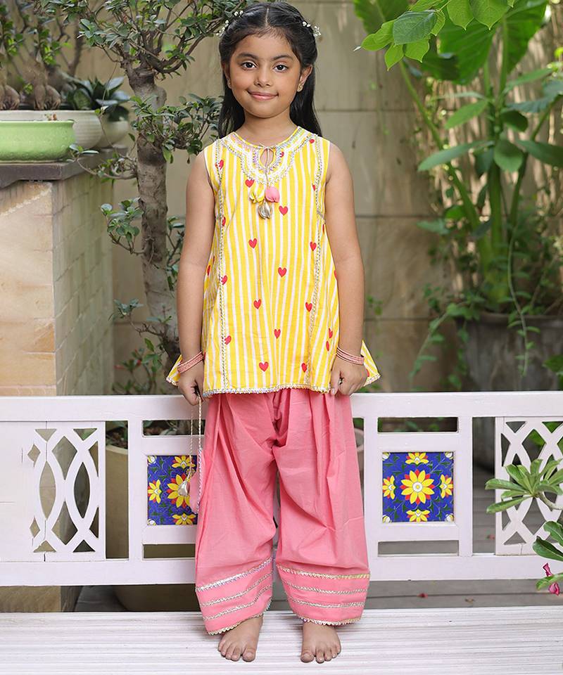 Sunshine yellow printed cotton kurti set