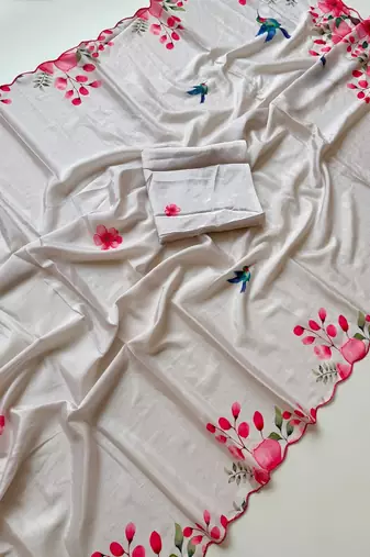White soft chinon silk blend floral print ready to wear saree