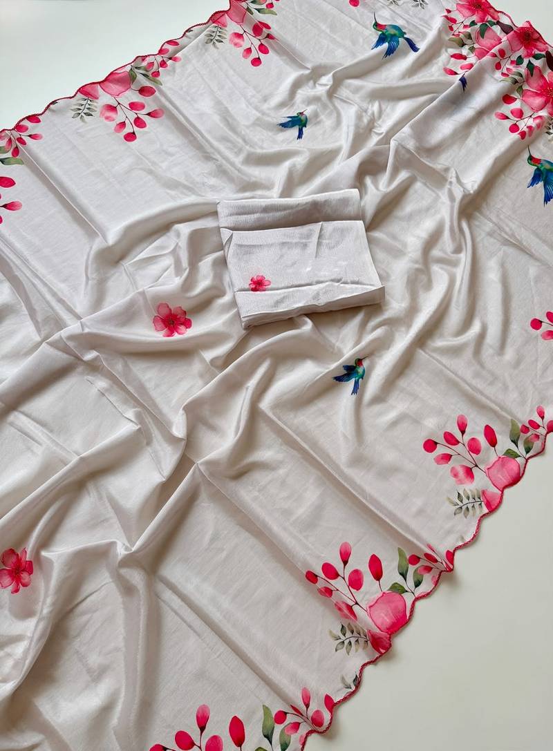 White soft chinon silk blend floral print ready to wear saree