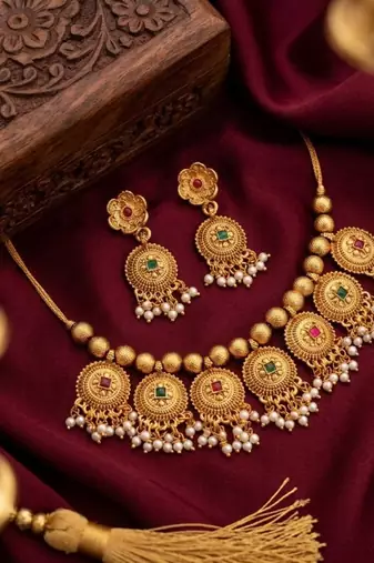 Handcrafted antique gold-plated ethnic necklace set & pearl drops | traditional indian jewelry