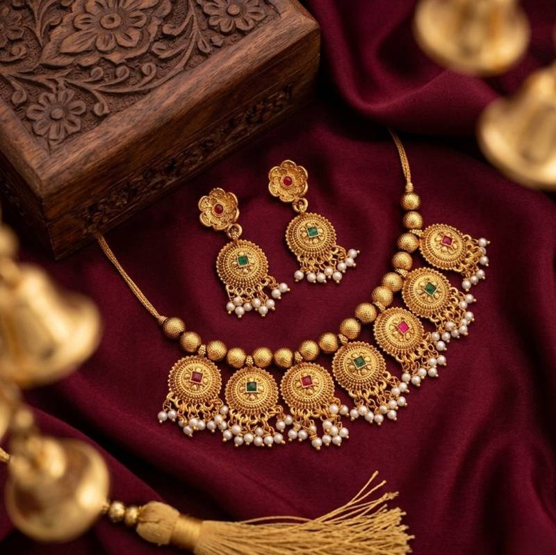 Handcrafted antique gold-plated ethnic necklace set & pearl drops | traditional indian jewelry
