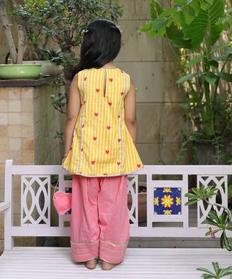 Sunshine yellow printed cotton kurti set 2