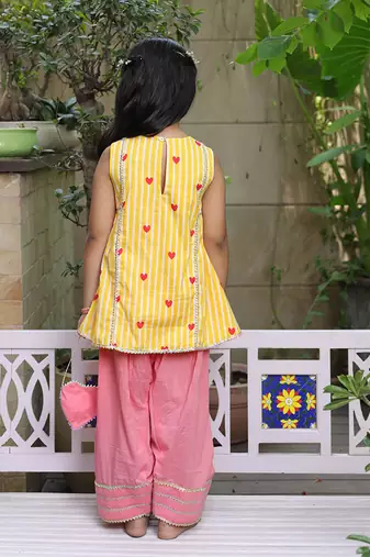 Sunshine yellow printed cotton kurti set