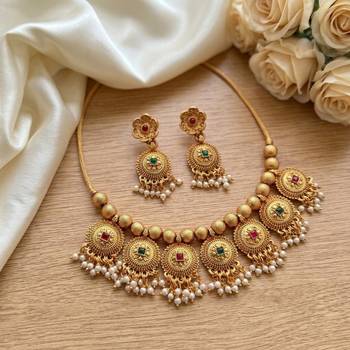 Handcrafted antique gold-plated ethnic necklace set & pearl drops | traditional indian jewelry 2