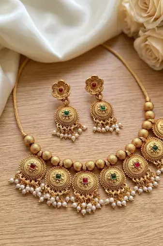 Handcrafted antique gold-plated ethnic necklace set & pearl drops | traditional indian jewelry