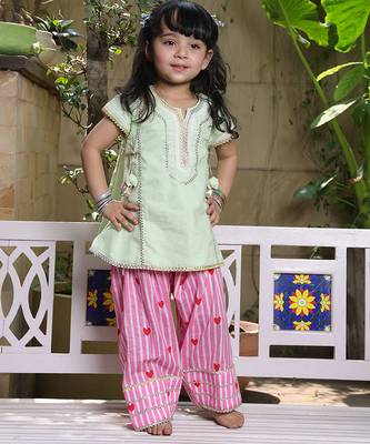 Mint green embroidered cotton kurti set 1
