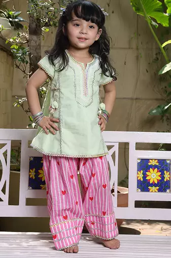 Mint green embroidered cotton kurti set