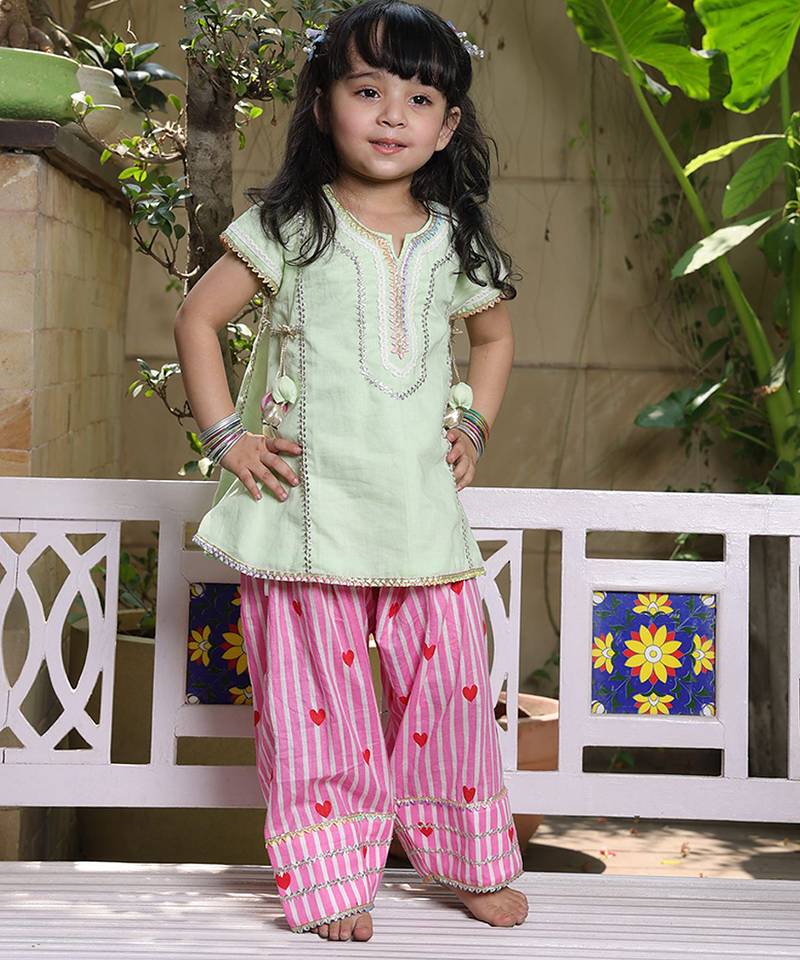 Mint green embroidered cotton kurti set