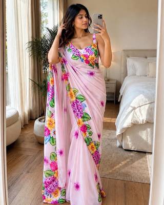 Pink soft chinon silk blend floral print ready to wear saree 1