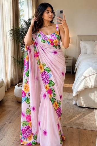 Pink soft chinon silk blend floral print ready to wear saree