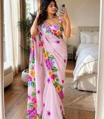 Pink soft chinon silk blend floral print ready to wear saree