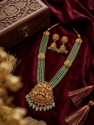 Traditional gold-plated temple jewelry haram set | green bead long necklace & jhumkas | ethnic wear 1