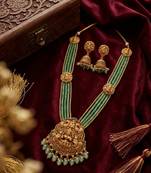 Traditional gold-plated temple jewelry haram set | green bead long necklace & jhumkas | ethnic wear