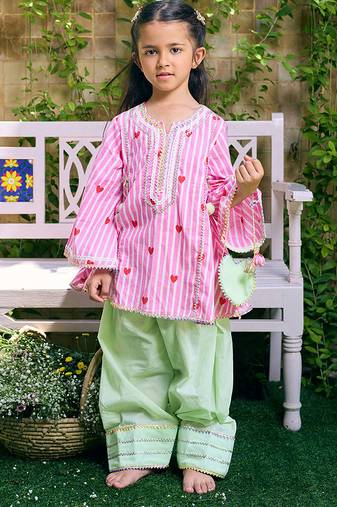 Pink printed cotton kurti set