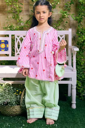 Pink printed cotton kurti set