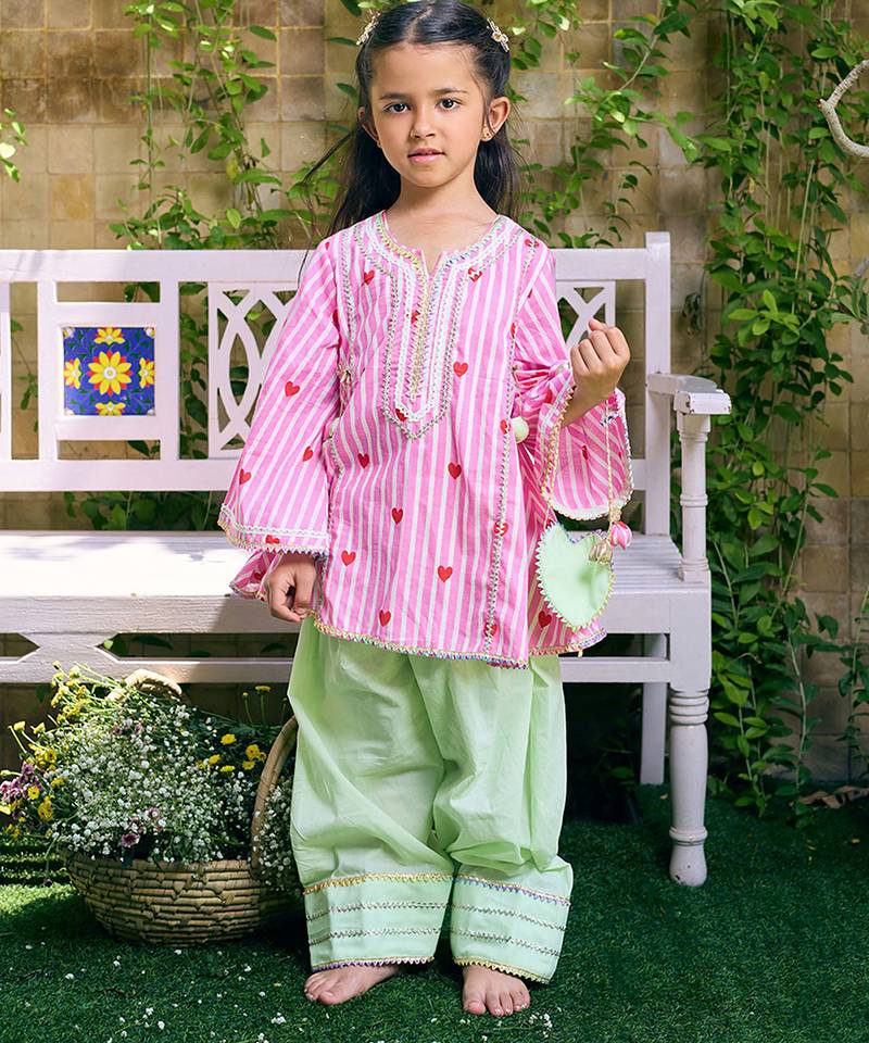 Pink printed cotton kurti set