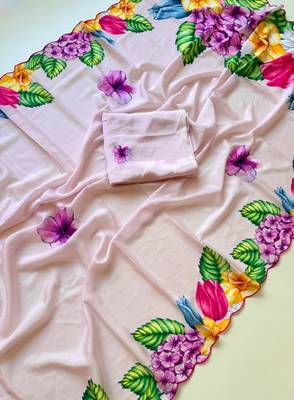 Pink soft chinon silk blend floral print ready to wear saree 2