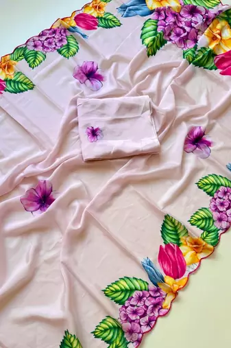 Pink soft chinon silk blend floral print ready to wear saree