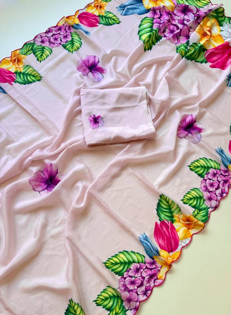 Pink soft chinon silk blend floral print ready to wear saree