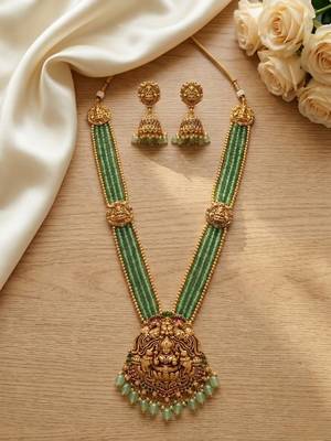 Traditional gold-plated temple jewelry haram set | green bead long necklace & jhumkas | ethnic wear 2