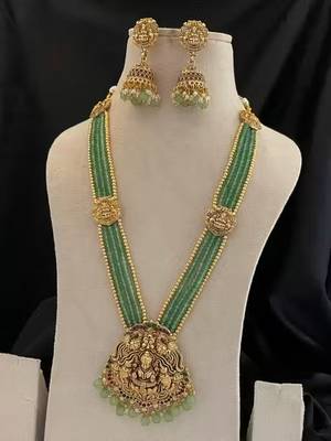 Traditional gold-plated temple jewelry haram set | green bead long necklace & jhumkas | ethnic wear 3