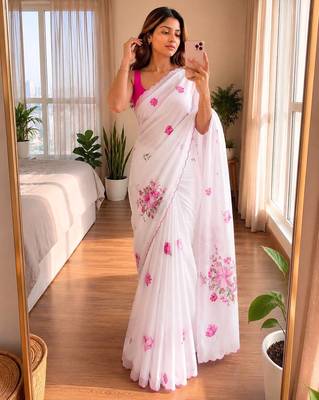White soft chinon silk blend floral print ready to wear saree 1
